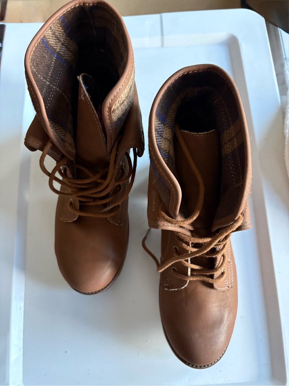 Women's Brown Lace-Up Ankle Boots with Plaid Lining